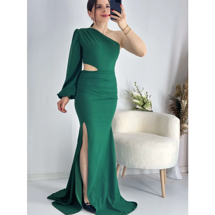 Yeşil Bel Dekolteli İthal Krep Kumaş Tek Kol Abiye