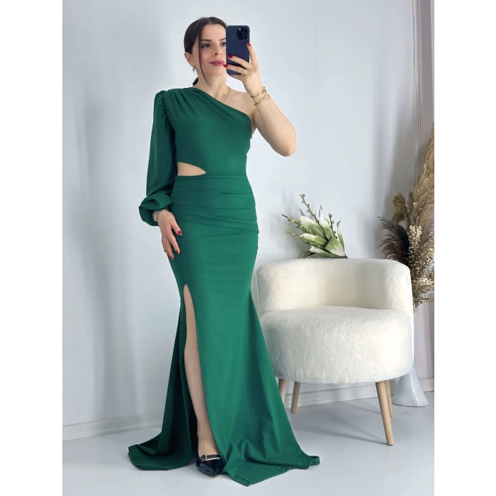 Yeşil Bel Dekolteli İthal Krep Kumaş Tek Kol Abiye