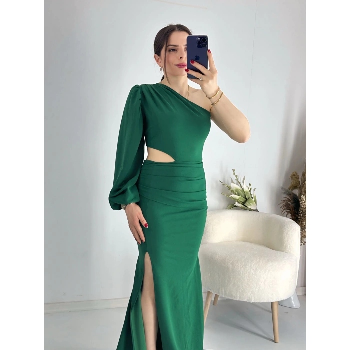 Yeşil Bel Dekolteli İthal Krep Kumaş Tek Kol Abiye
