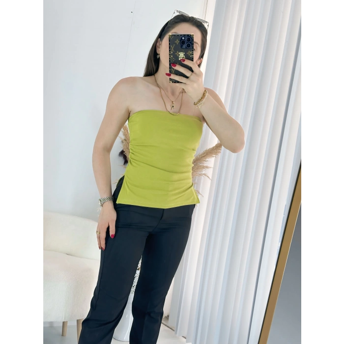 Yeşil Çift Yırtmaçlı Straplez Bluz