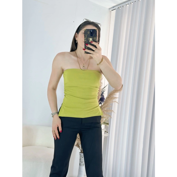 Yeşil Çift Yırtmaçlı Straplez Bluz