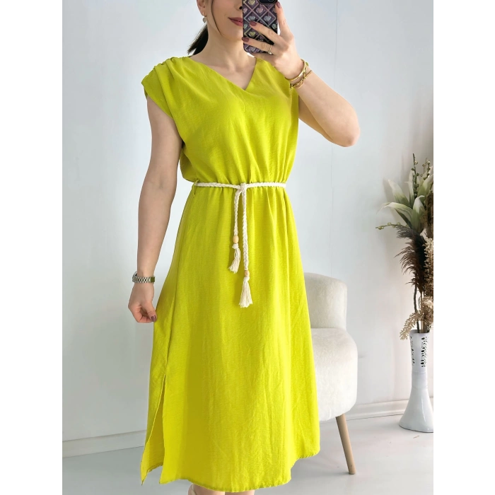 Yeşil Kemerli Midi Boy Elbise