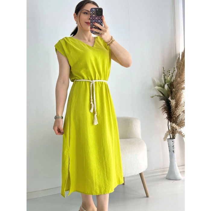 Yeşil Kemerli Midi Boy Elbise