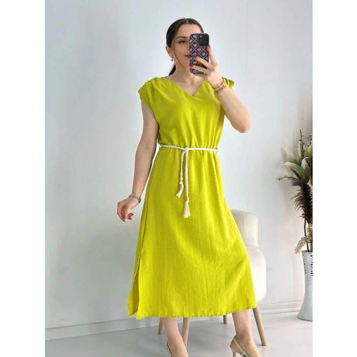 Yeşil Kemerli Midi Boy Elbise