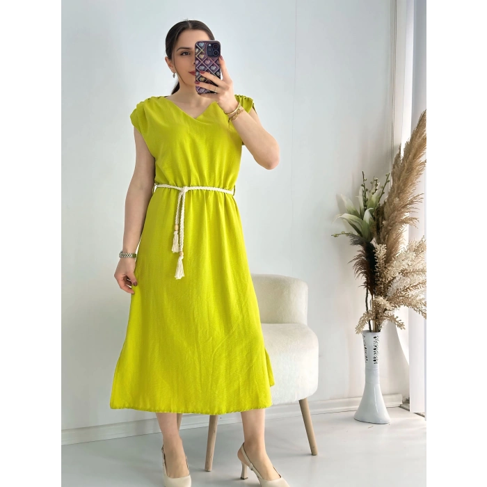 Yeşil Kemerli Midi Boy Elbise