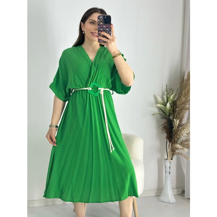 Yeşil Kravuze Kemerli Elbise