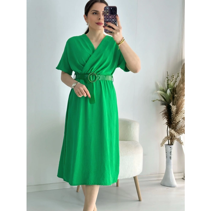 Yeşil Kravuze Yaka Keten Elbise