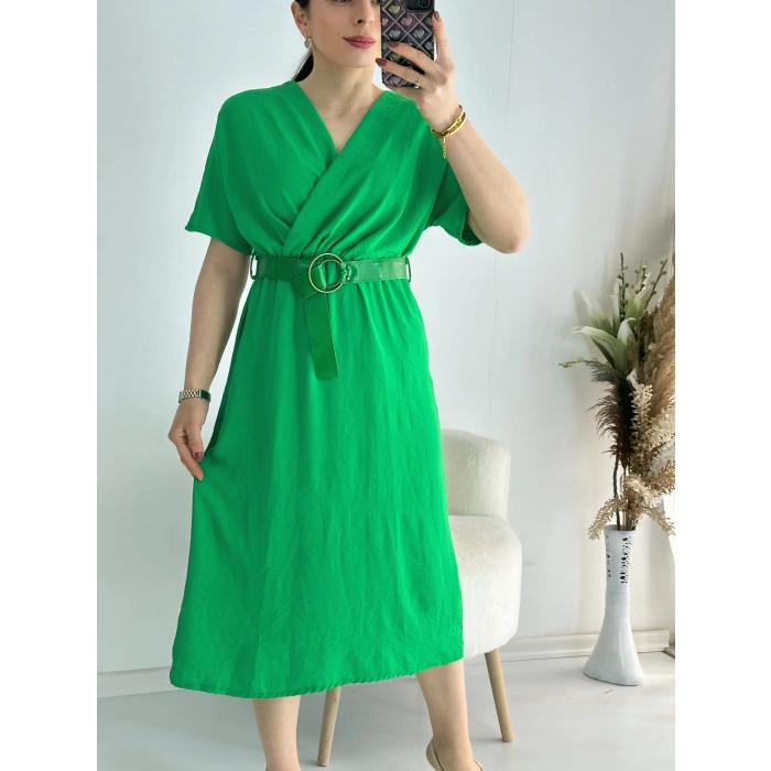 Yeşil Kravuze Yaka Keten Elbise