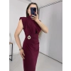 Bordo BROŞLU Vatkalı Krep Elbise