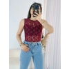 Bordo Transparan Dantel Bluz