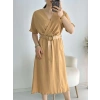 Camel Kravuze Yaka Keten Elbise