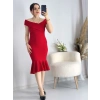 Kırmızı Çapraz Yaka Kolsuz Etek Ucu Valonlu Kalem Elbise