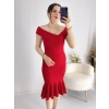 Kırmızı Çapraz Yaka Kolsuz Etek Ucu Valonlu Kalem Elbise