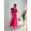 Fuşya Kemerli Midi Boy Elbise