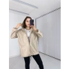Kapşonlu Bej Deri Yağmurluk
