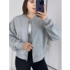 Şık Tasarımlı İncili Şardonlu Crop Top Sweatshirt Gri