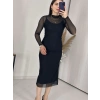 Siyah Tüllü Dik Yaka Uzun Elbise