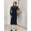 Siyah Tüllü Dik Yaka Uzun Elbise