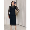 Siyah Tüllü Dik Yaka Uzun Elbise
