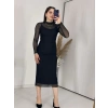 Siyah Tüllü Dik Yaka Uzun Elbise