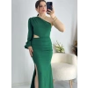 Yeşil Bel Dekolteli İthal Krep Kumaş Tek Kol Abiye