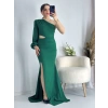 Yeşil Bel Dekolteli İthal Krep Kumaş Tek Kol Abiye
