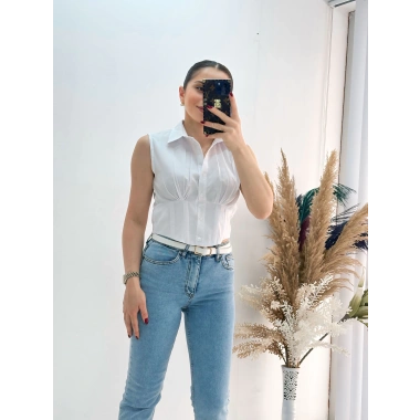 Beyaz Sıfır Kol Beli Gipe Lastikli Korseli Poplin Gömlek