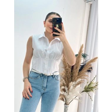 Beyaz Sıfır Kol Beli Gipe Lastikli Korseli Poplin Gömlek