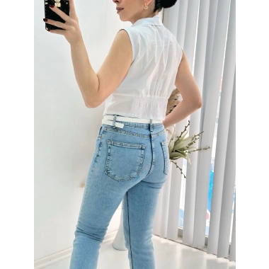 Beyaz Sıfır Kol Beli Gipe Lastikli Korseli Poplin Gömlek