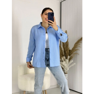 Ağaç Kabuğu Oversize Keten Mavi Gömlek