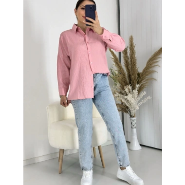 Ağaç Kabuğu Oversize Keten Pembe Gömlek