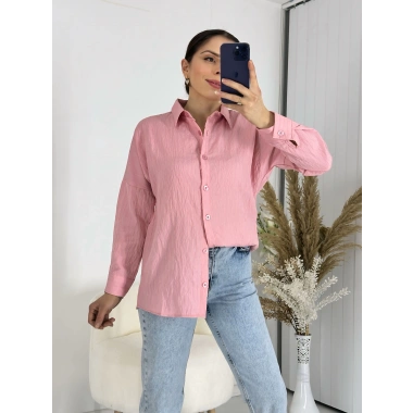 Ağaç Kabuğu Oversize Keten Pembe Gömlek