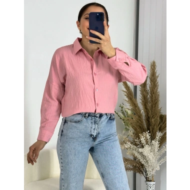 Ağaç Kabuğu Oversize Keten Pembe Gömlek