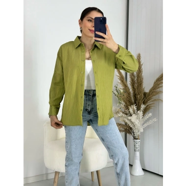 Ağaç Kabuğu Oversize Keten Yağ Yeşil Gömlek
