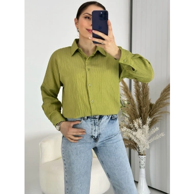 Ağaç Kabuğu Oversize Keten Yağ Yeşil Gömlek