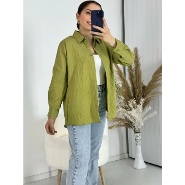 Ağaç Kabuğu Oversize Keten Yağ Yeşil Gömlek