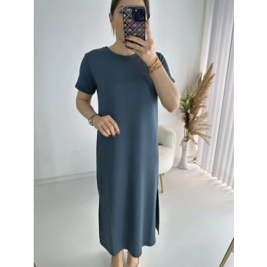 Antrasit Kısa Kollu Yanları Yırtmaçlı Penye Elbise