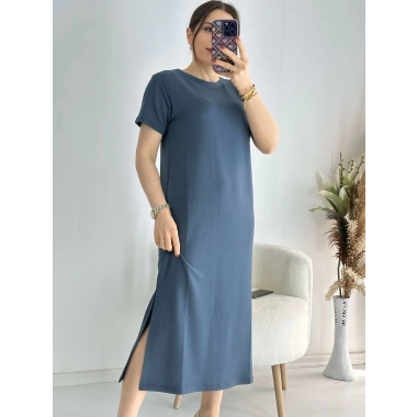 Antrasit Kısa Kollu Yanları Yırtmaçlı Penye Elbise