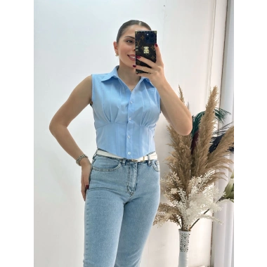 Bebe Mavi Sıfır Kol Beli Gipe Lastikli Korseli Poplin Gömlek