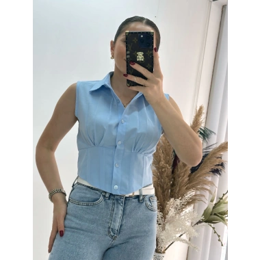 Bebe Mavi Sıfır Kol Beli Gipe Lastikli Korseli Poplin Gömlek