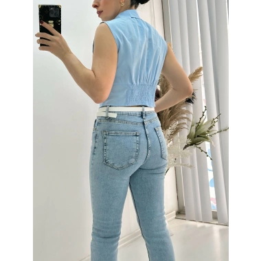 Bebe Mavi Sıfır Kol Beli Gipe Lastikli Korseli Poplin Gömlek