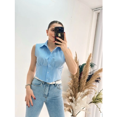 Bebe Mavi Sıfır Kol Beli Gipe Lastikli Korseli Poplin Gömlek