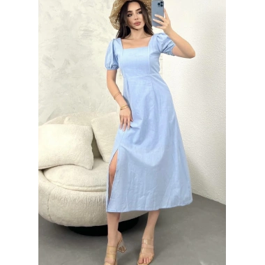 BEBE MAVİ SIRT DEKOLTE KETEN ELBİSE