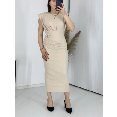 Bej BROŞLU Vatkalı Krep Elbise