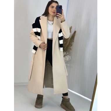 Bej İçi Astarlı Kemerli Uzun Kaşe Kaban