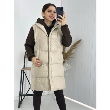 Bej Kapişonlu Uzun Şişme Yelek