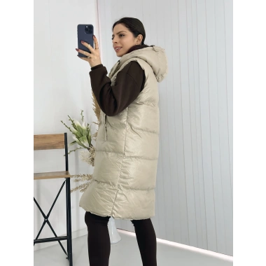 Bej Kapişonlu Uzun Şişme Yelek