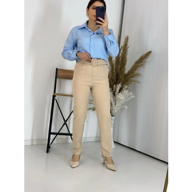 Bej Kemerli Boru Paça Kumaş Pantolon