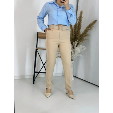 Bej Kemerli Boru Paça Kumaş Pantolon