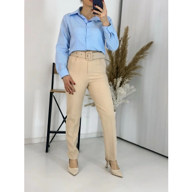 Bej Kemerli Boru Paça Kumaş Pantolon